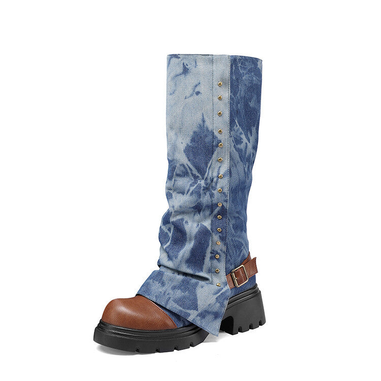 Tie-Dye Denim Studded Platform Boots