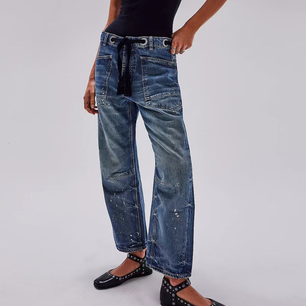 Relaxed Drawstring Splash Ink Cropped Jeans