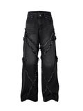 Frayed Patchwork Tassel Wide-Leg Baggy Jeans