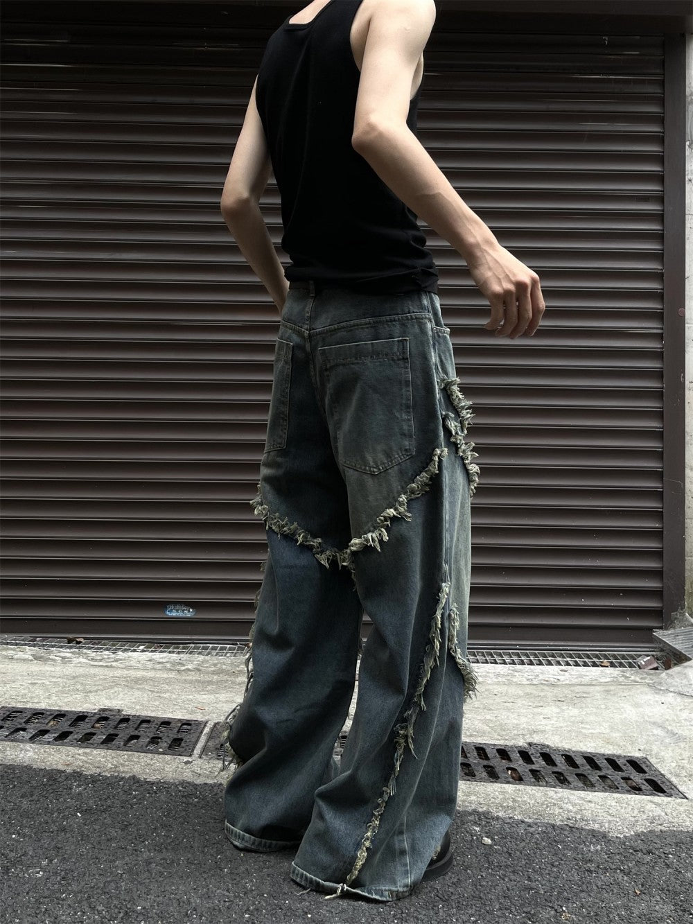 Frayed Patchwork Tassel Wide-Leg Baggy Jeans