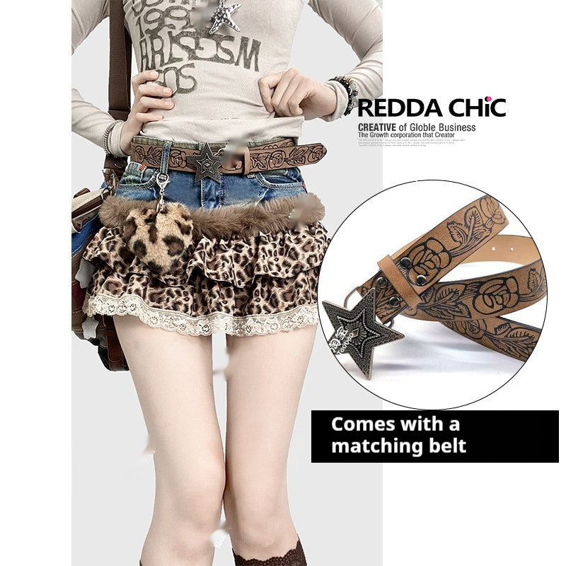 Y2K Leopard Lace Tiered Denim Skirt