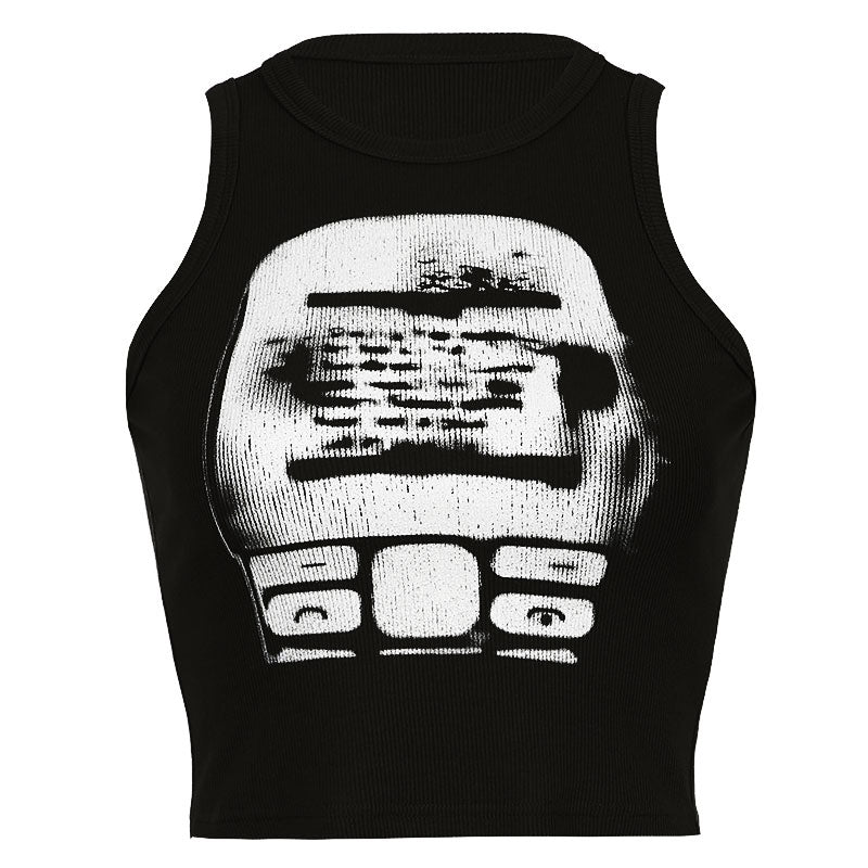 Vintage Threaded Graphic Print Ribbed Top