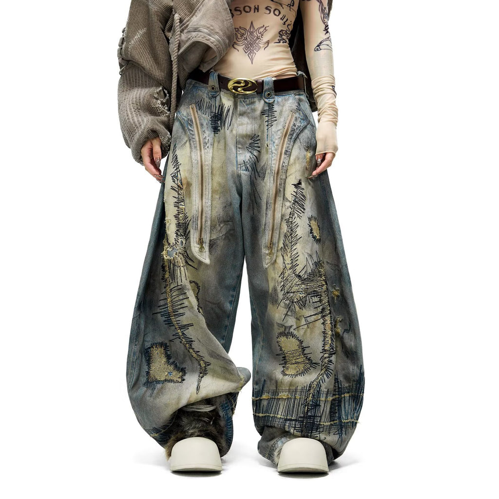 Heavy Industry Random-Stitch Graffiti Jeans