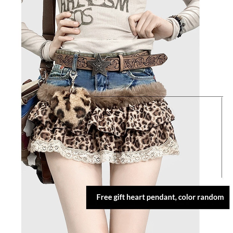 Y2K Leopard Lace Tiered Denim Skirt