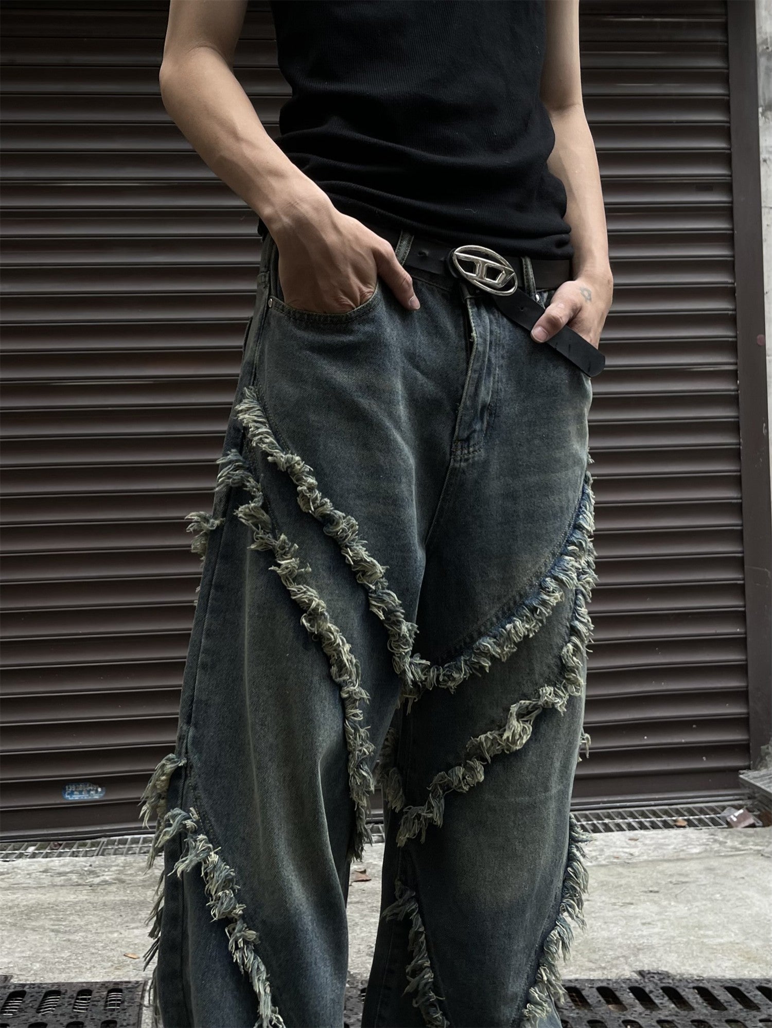 Frayed Patchwork Tassel Wide-Leg Baggy Jeans