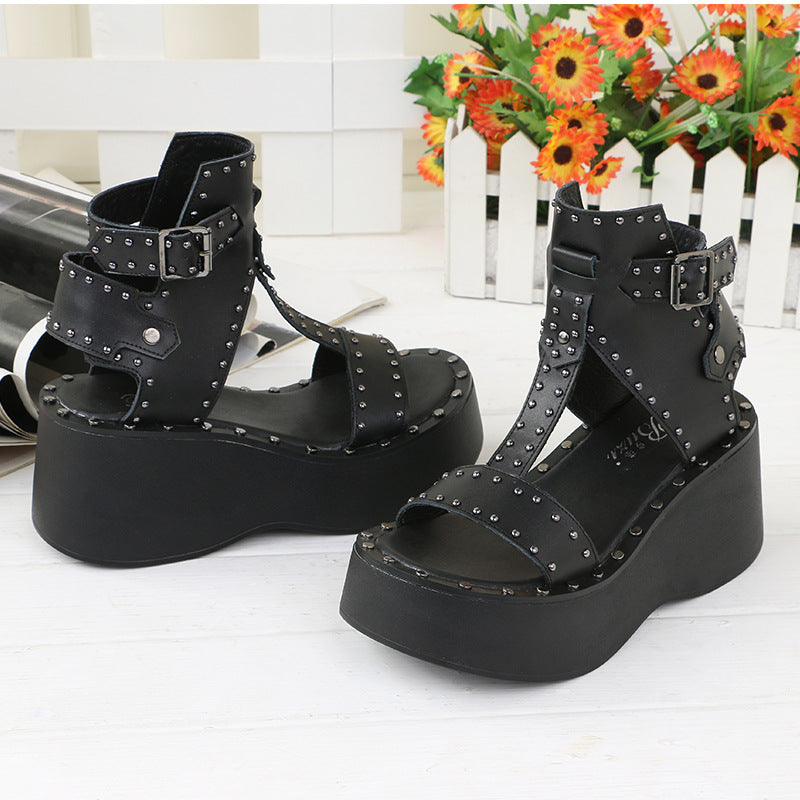 Moto Rivet Platform Wedge Sandals