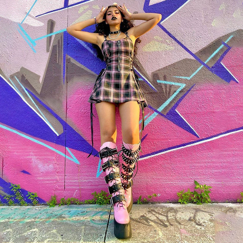 Brit-Girl Plaid Zip-Up Mini Dress