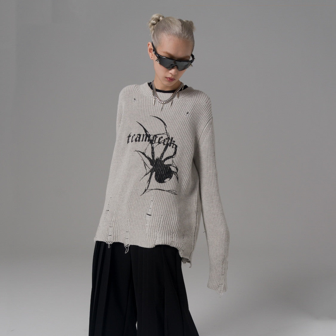 Women’s Destroyed Spider-Print Grunge Knit Sweater