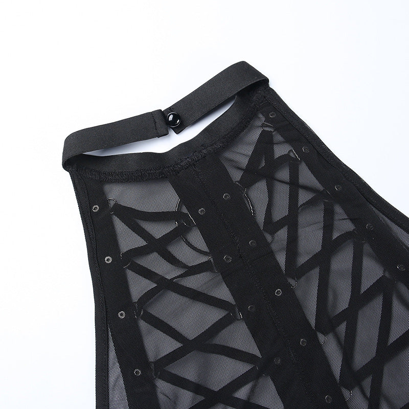 Goth Punk Sheer Gauze Strap Overlay Crop Top