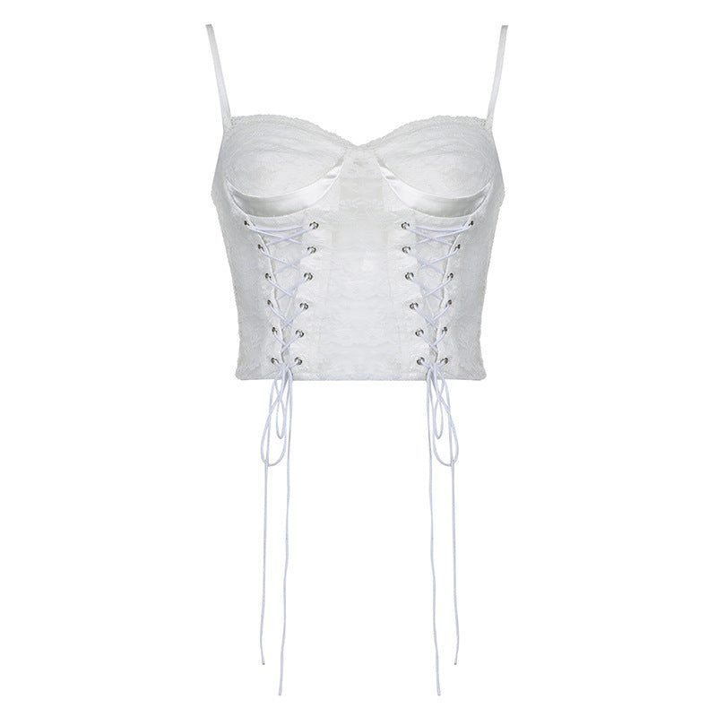 Romantic Lace-Up V-Neck Slim White Top