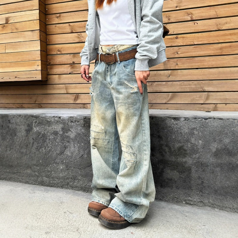 Grunge Washed Double-Waist Denim