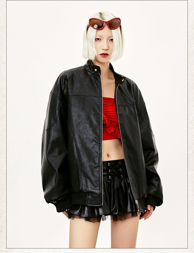Vintage-Style Rivet PU Leather Coat