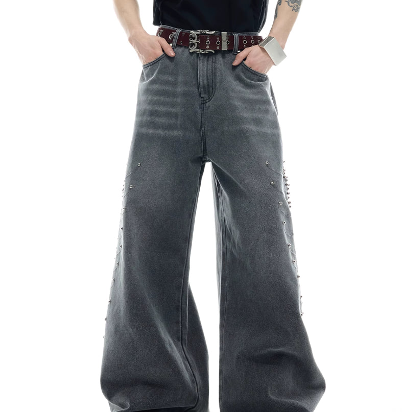 Western Spine Rivet Wide-Leg Jeans