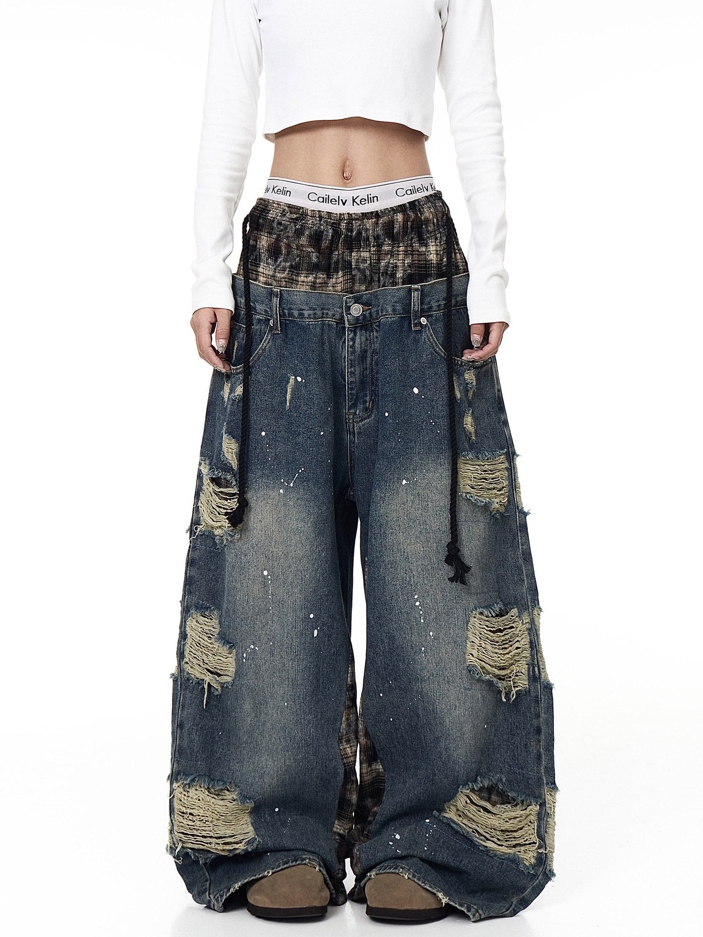 Grunge Ghost Distressed Unisex Wide-Leg Denim Jeans