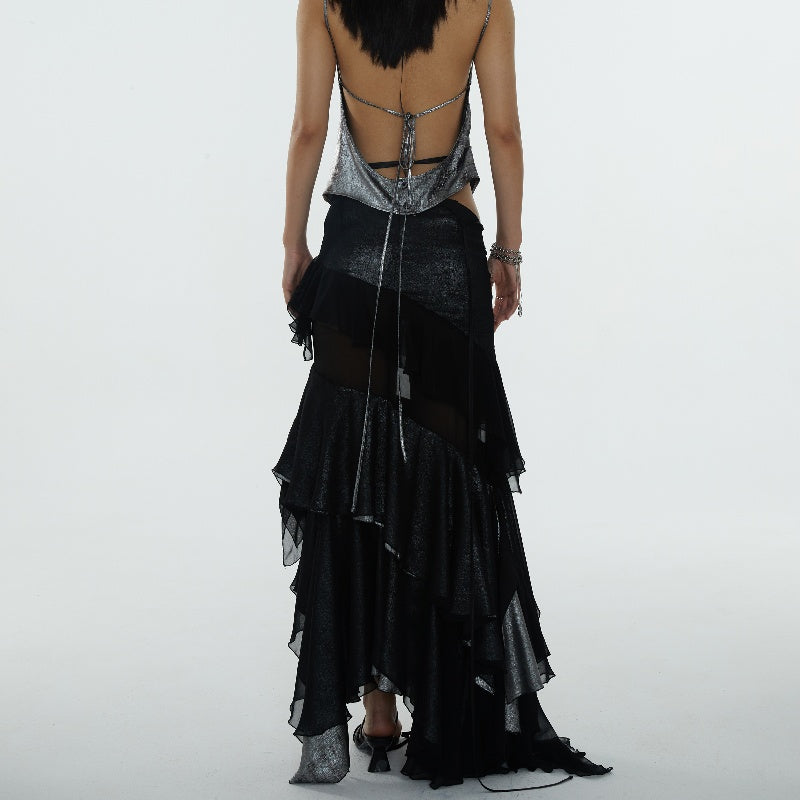 Sheer Ruffled Irregular Hem Gothic Maxi Skirt