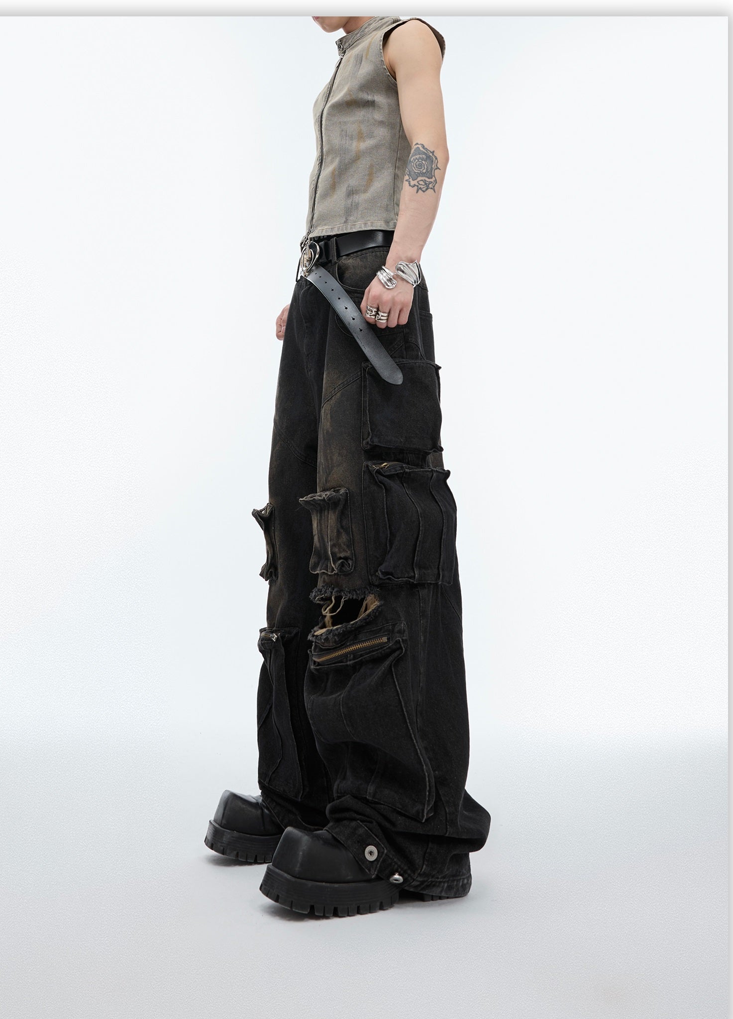 Cyberpunk Utility Distressed Cargo Denim