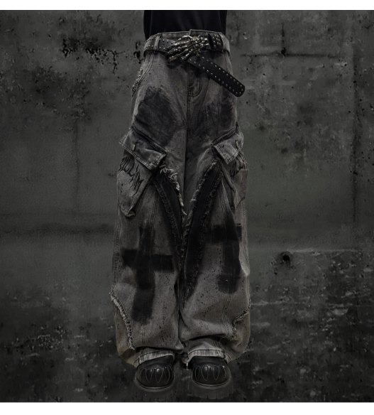 Gothic Cross Cargo Denim Jeans