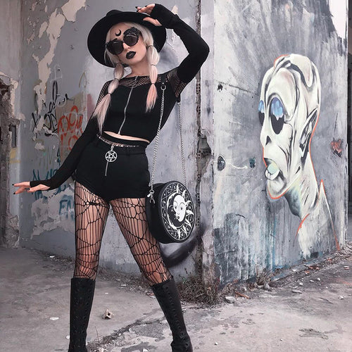 Alt-Girl Gothic Fishnet Patch Top