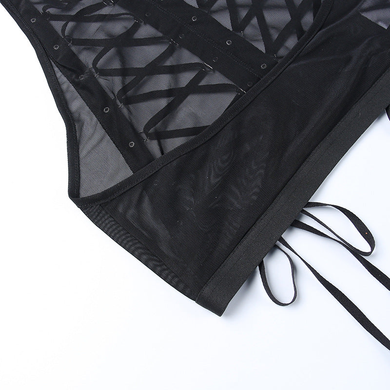 Goth Punk Sheer Gauze Strap Overlay Crop Top