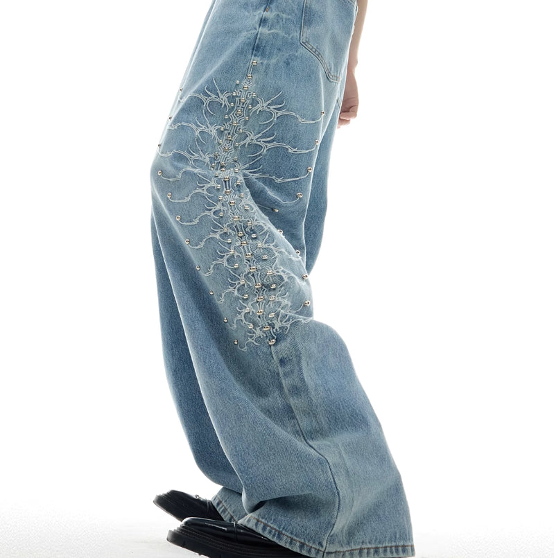 Western Spine Rivet Wide-Leg Jeans