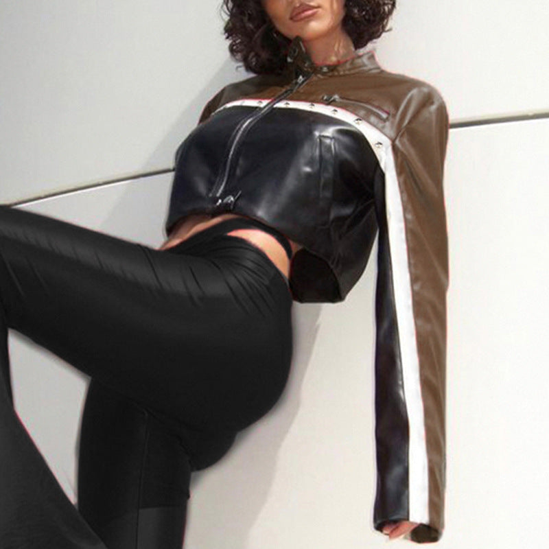 Street Moto Color Panel Cropped Vegan Leather Coat