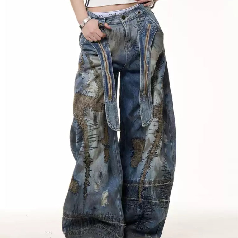Industrial Wash Wide-Leg Workwear Denim