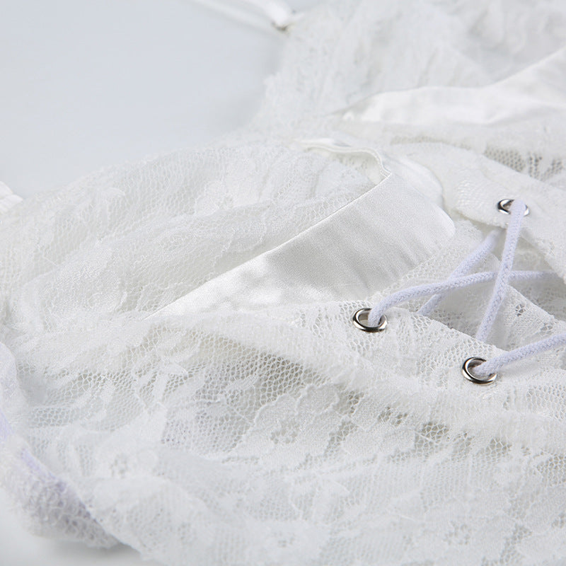 Romantic Lace-Up V-Neck Slim White Top