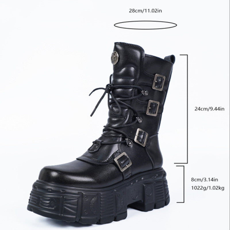 Gothic Metal Lace-Up Platform Mid-Calf Boots