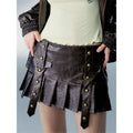 Vintage Washed Leather Rivet Pleated Skirt