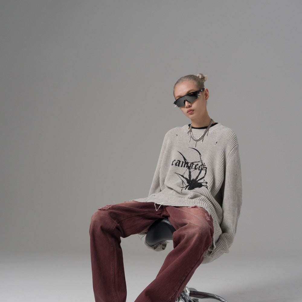 Women’s Destroyed Spider-Print Grunge Knit Sweater