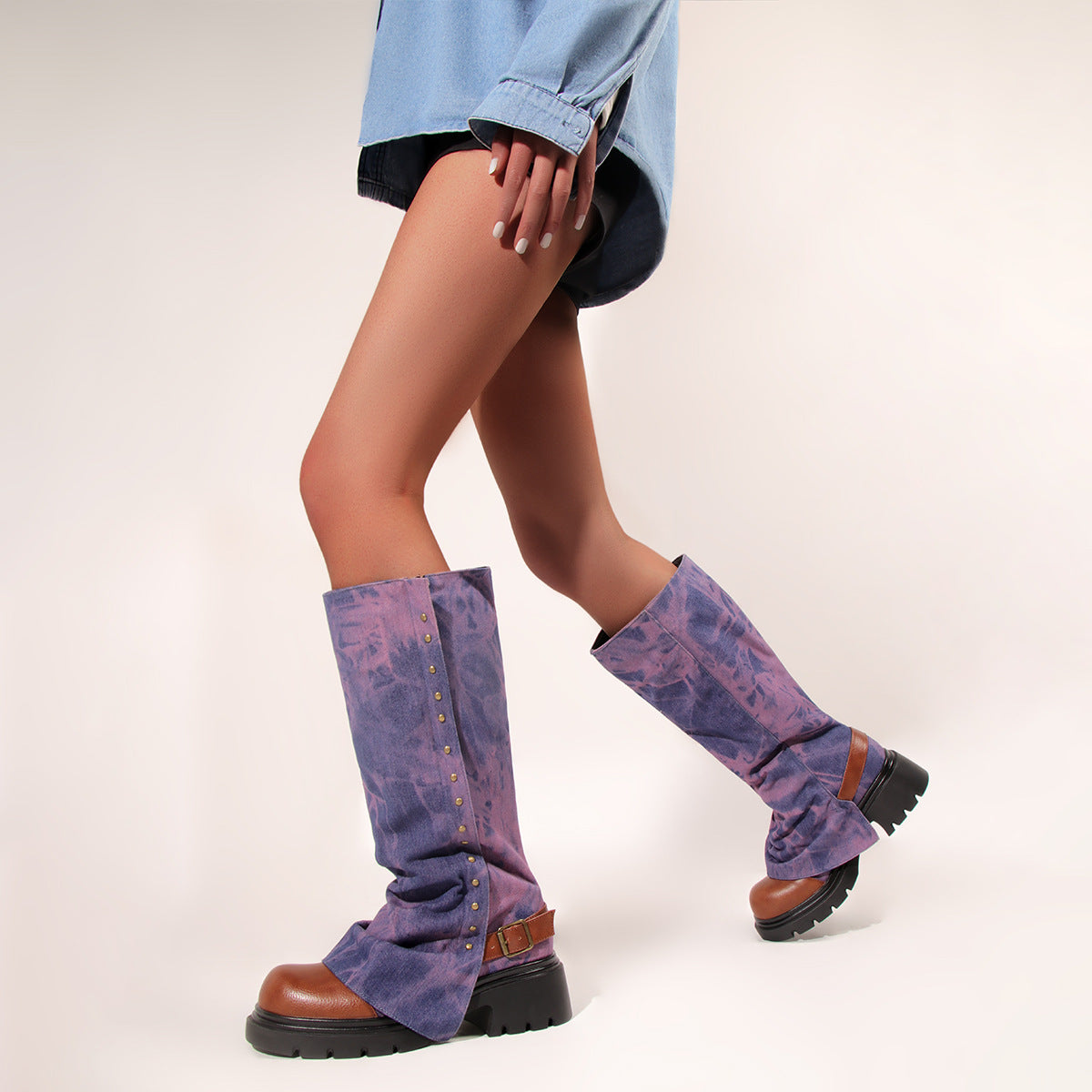 Tie-Dye Denim Studded Platform Boots