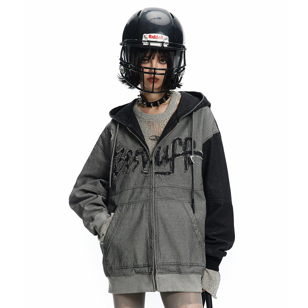 Urban Rebel Irregular Stitching Hooded Denim Jacket
