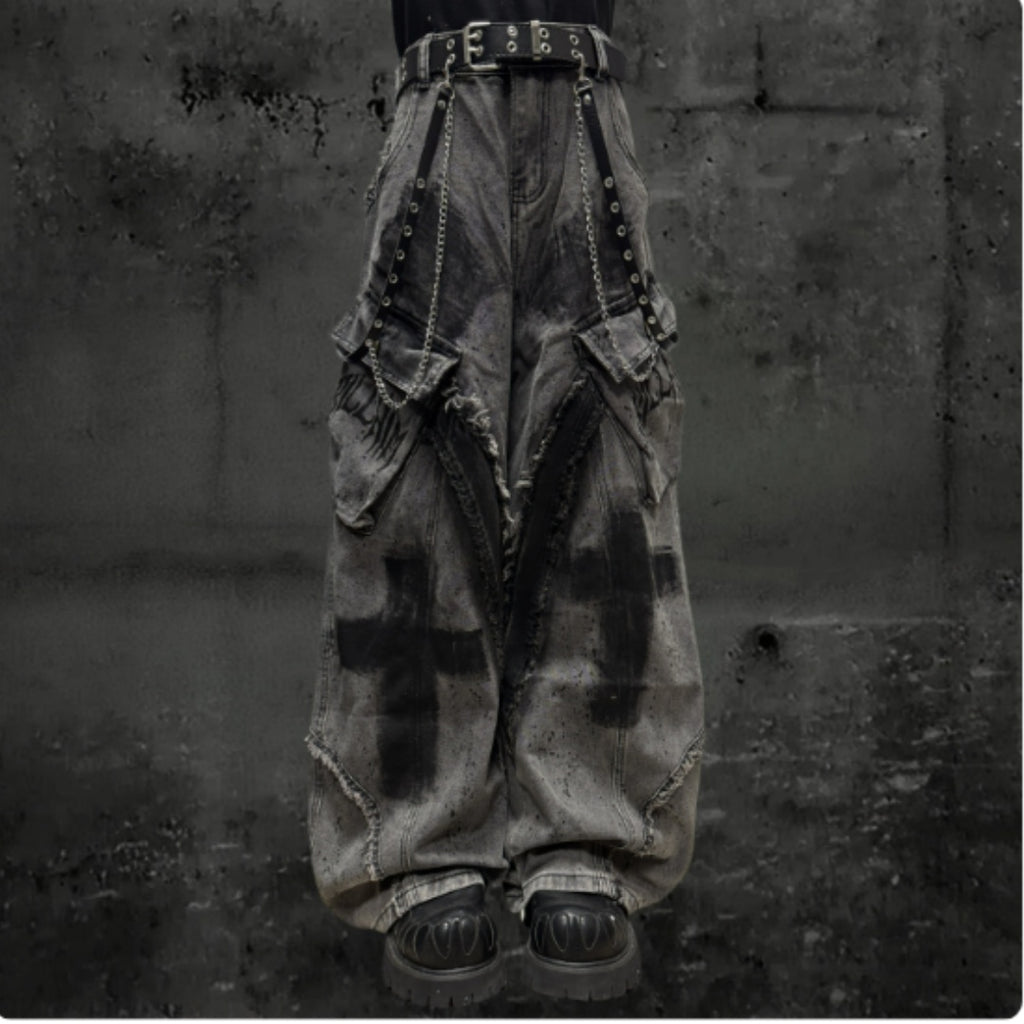 Gothic Cross Cargo Denim Jeans