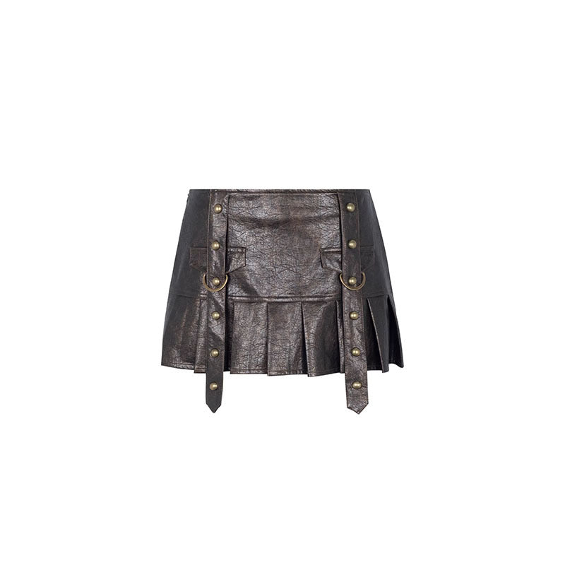 Vintage Washed Leather Rivet Pleated Skirt