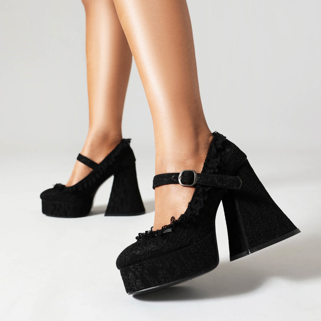 Obsidian Lace-Up Buckle Platform Heels