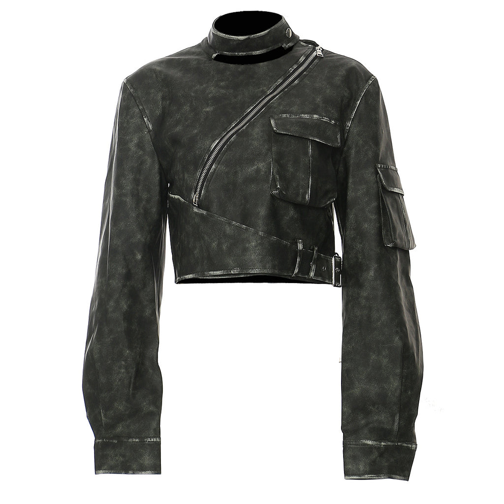 Irregular-Cut Polished Leather Jacket