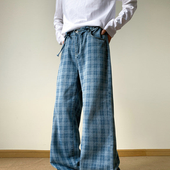 Preppy Boycore Plaid Wide Leg Jeans