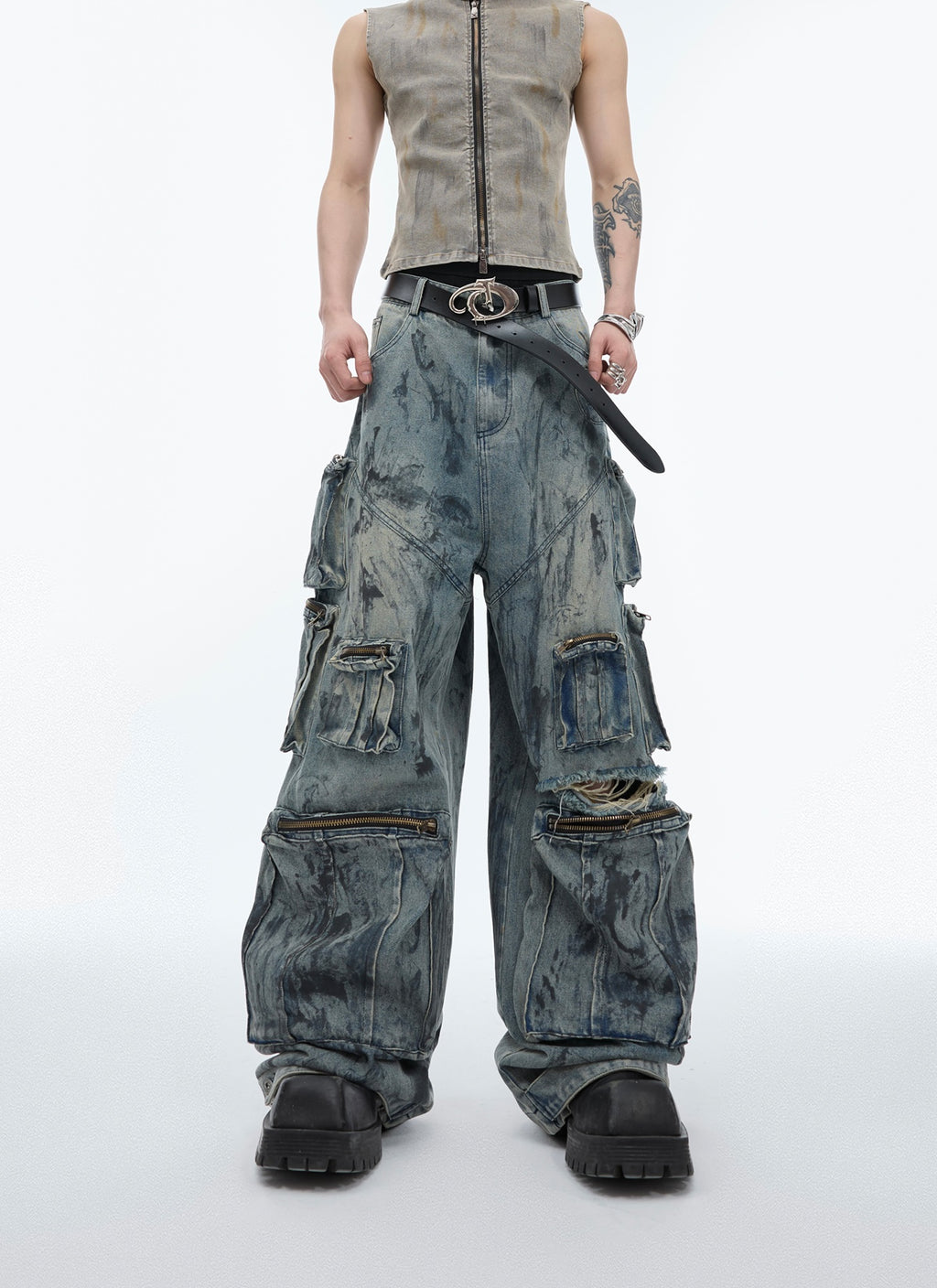 Cyberpunk Utility Distressed Cargo Denim