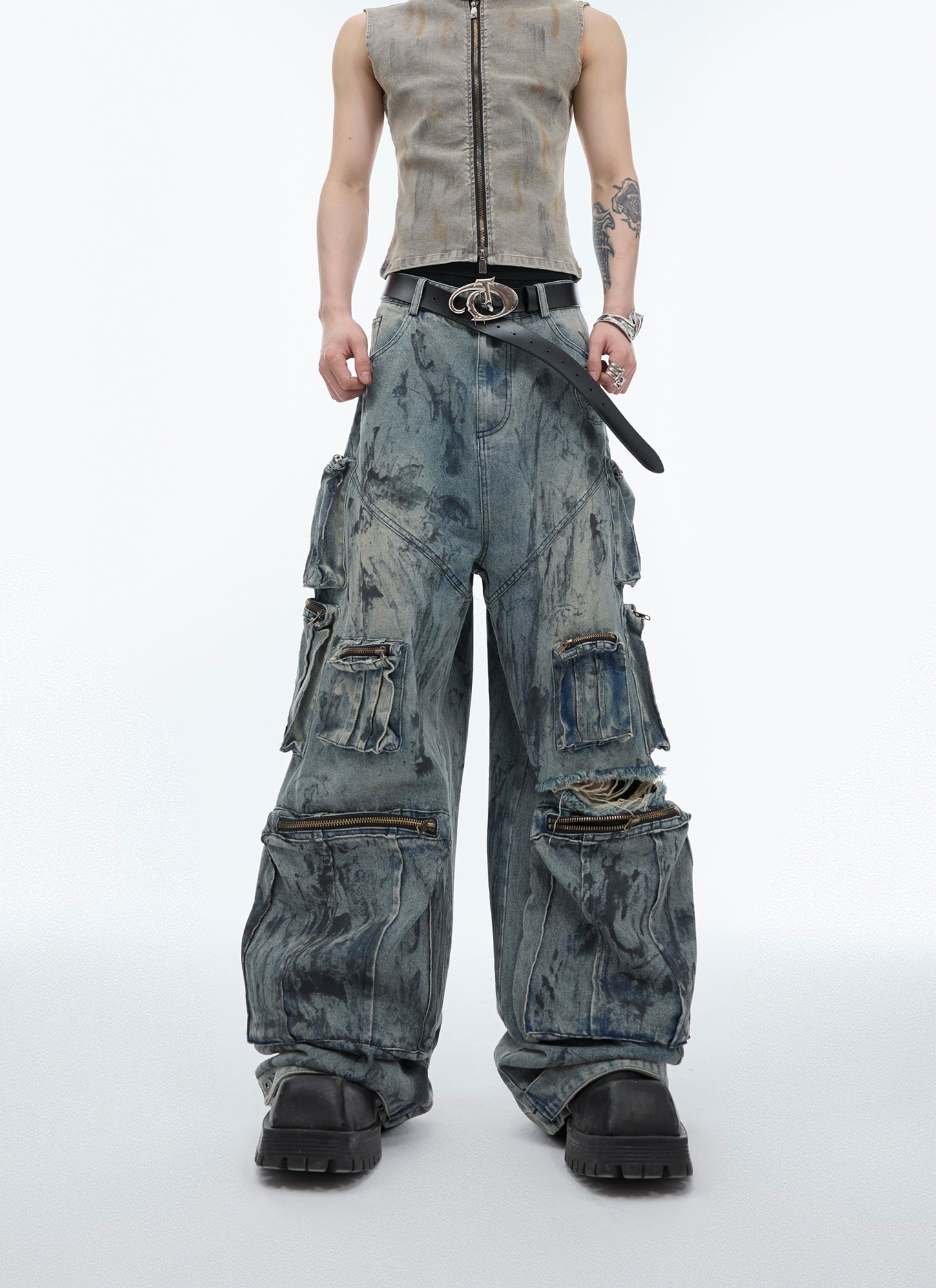 Cyberpunk Utility Distressed Cargo Denim