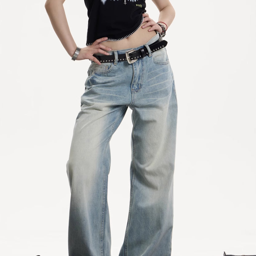 Retro Washed Baggy Whiskered Light Jeans
