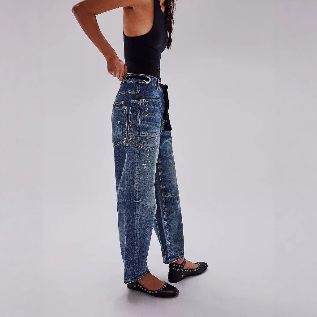 Relaxed Drawstring Splash Ink Cropped Jeans