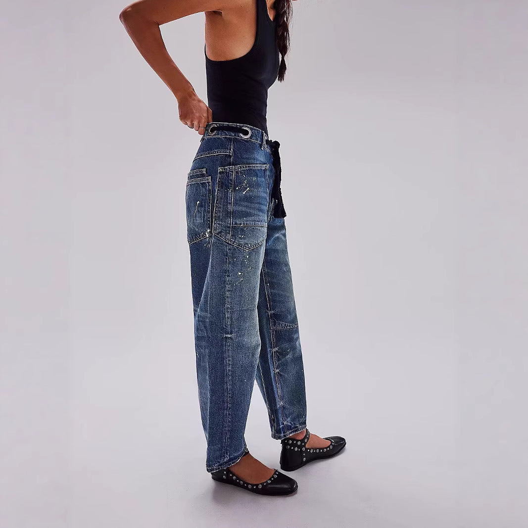 Relaxed Drawstring Splash Ink Cropped Jeans