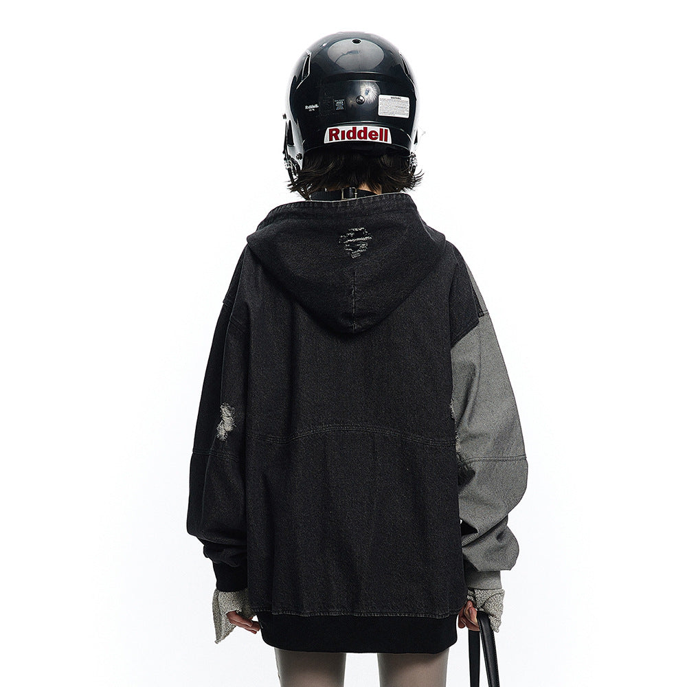 Urban Rebel Irregular Stitching Hooded Denim Jacket