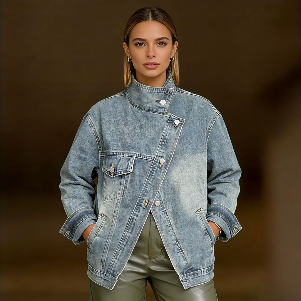 Asymmetric Closure Single-Pocket Denim Jacket