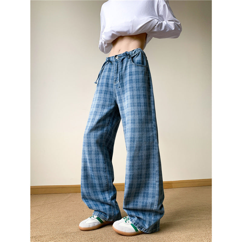 Preppy Boycore Plaid Wide Leg Jeans