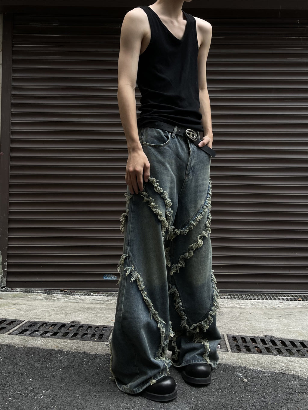 Frayed Patchwork Tassel Wide-Leg Baggy Jeans