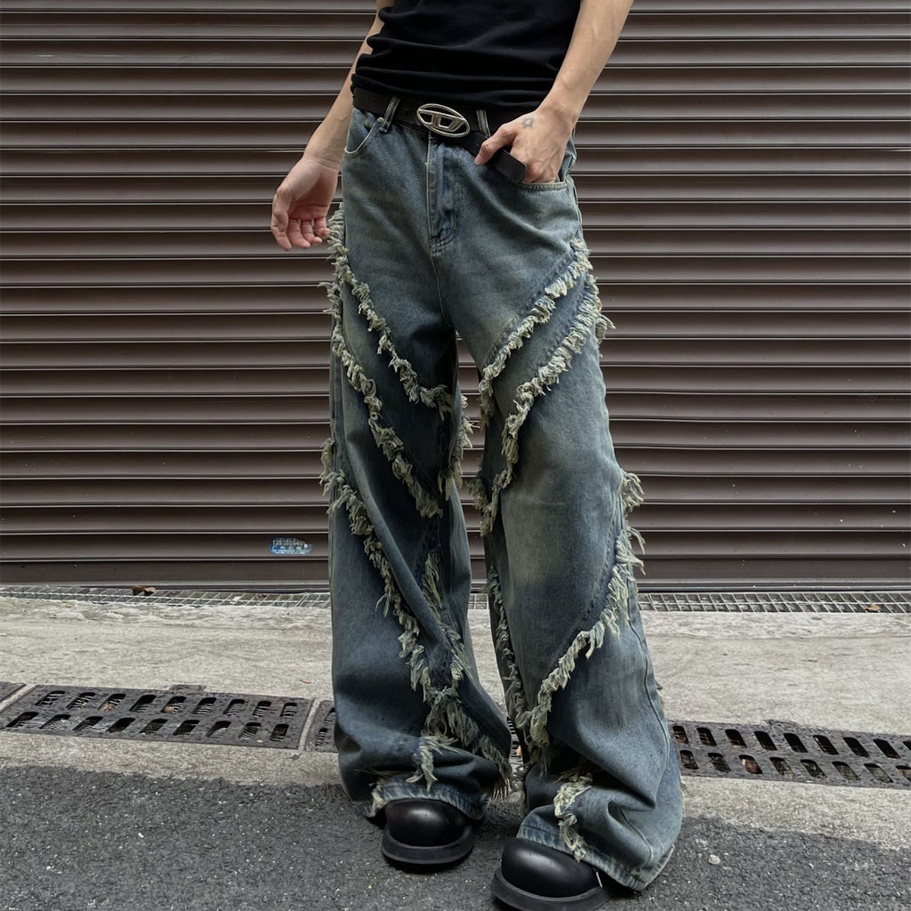 Frayed Patchwork Tassel Wide-Leg Baggy Jeans