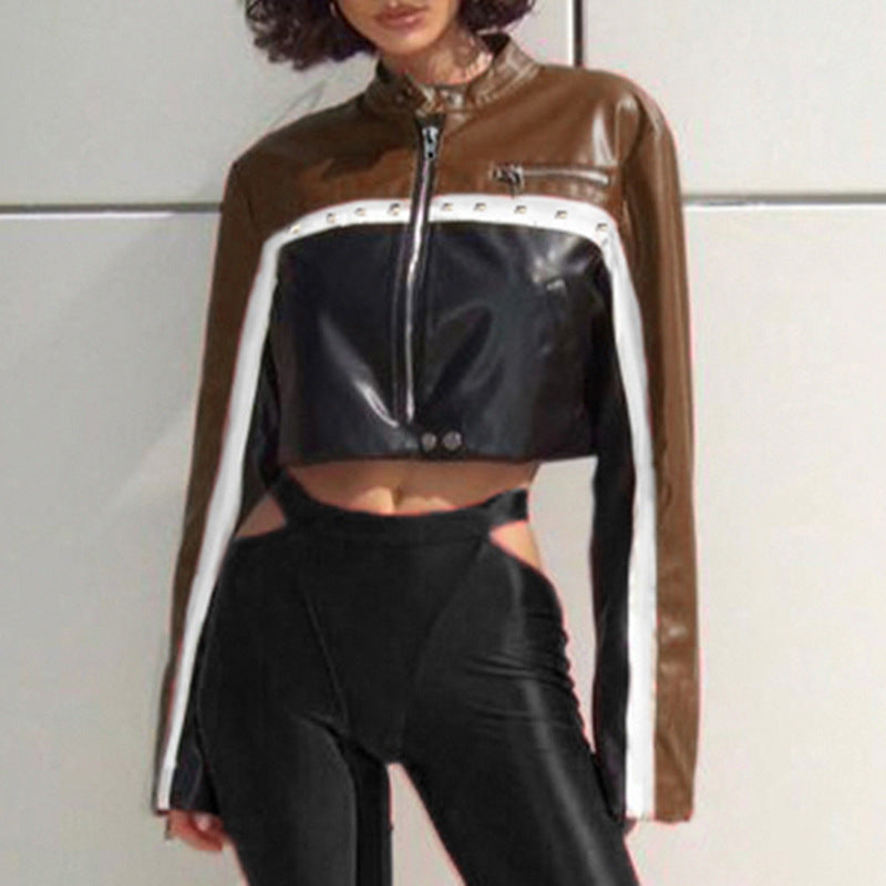 Street Moto Color Panel Cropped Vegan Leather Coat