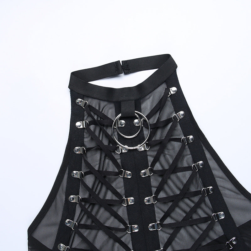 Goth Punk Sheer Gauze Strap Overlay Crop Top