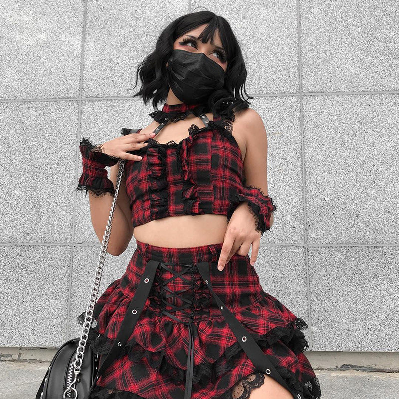 Gothic Checkered Lace Halter Two-Piece Set